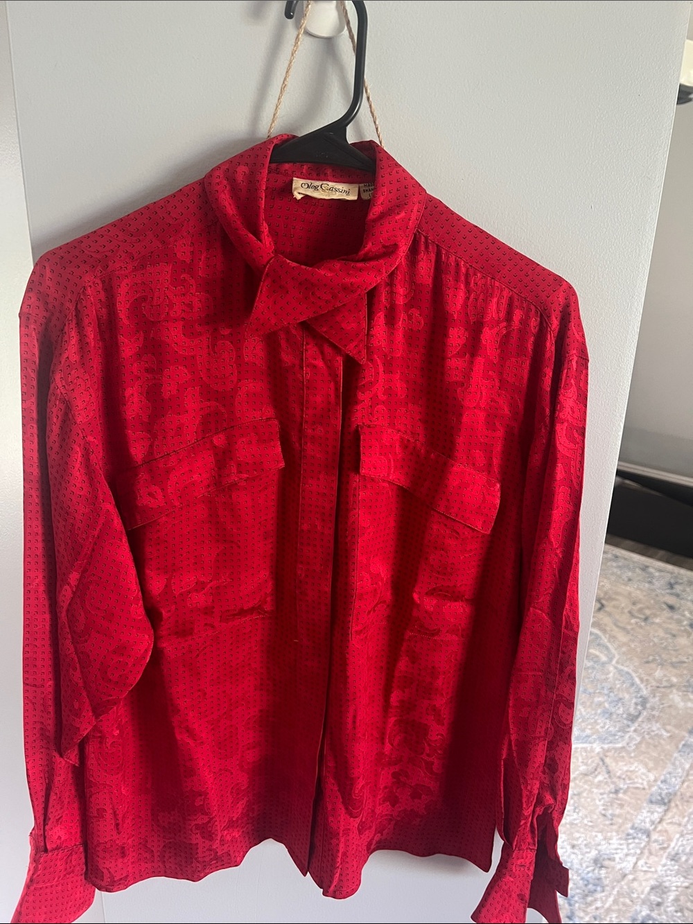 Oleg Cassini Vibrant Red Tie-Neck Long Sleeve Blouse. 100% silk